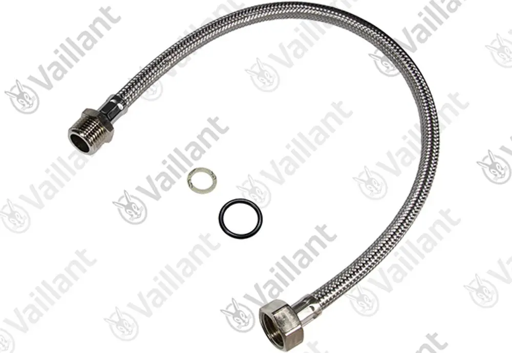 Flexible Verbindungsschlauch von Vaillant mit metallischer Umflechtung und zwei Anschlussgewinden sowie O-Ringen für Dichtungen.